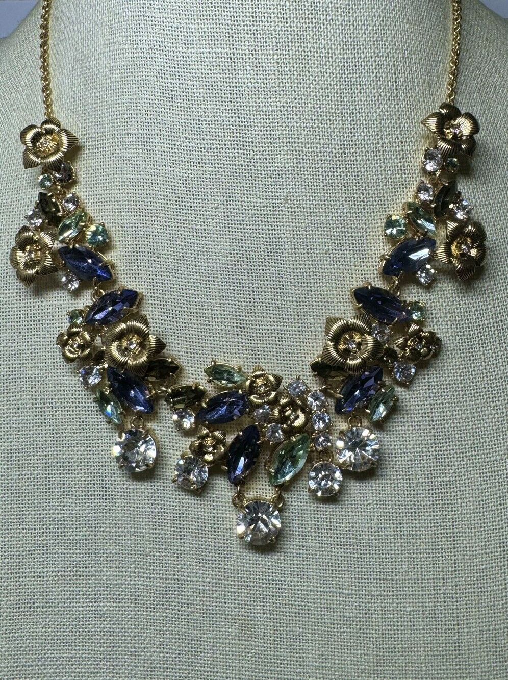 Vintage Ann Taylor Gold Tone Floral Multi Color Rhinestone Necklace